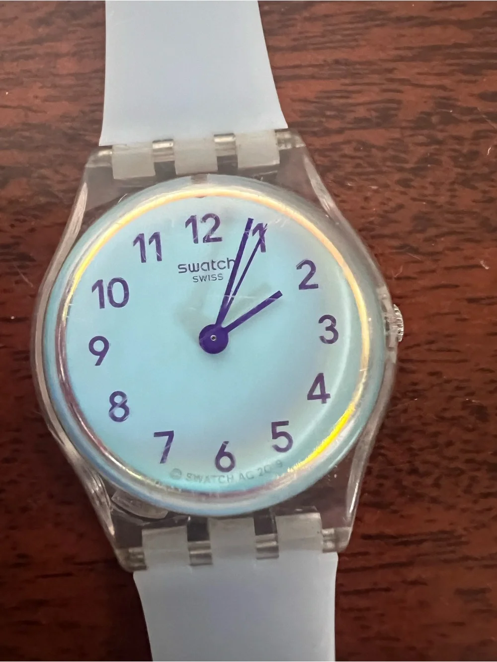 Swatch Casual Light Blue LK396 Women Quartz Watch Clear Case Dial NEEDS BATTERY